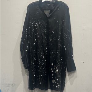 MI JONG LEE sheer long button down tunic circle pattern satin black white Sz 10